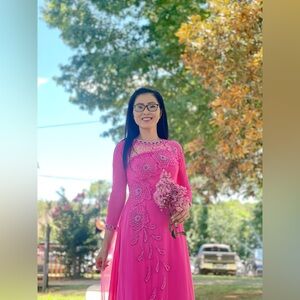 New ao dai chiffon 6 ta, Vietnamese long traditional dress set m 2 pink meium 🎁